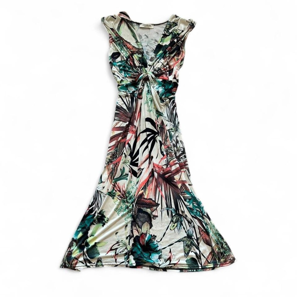 Vintage Y2K France Floral tie back midi dress european rucched‎ v neck